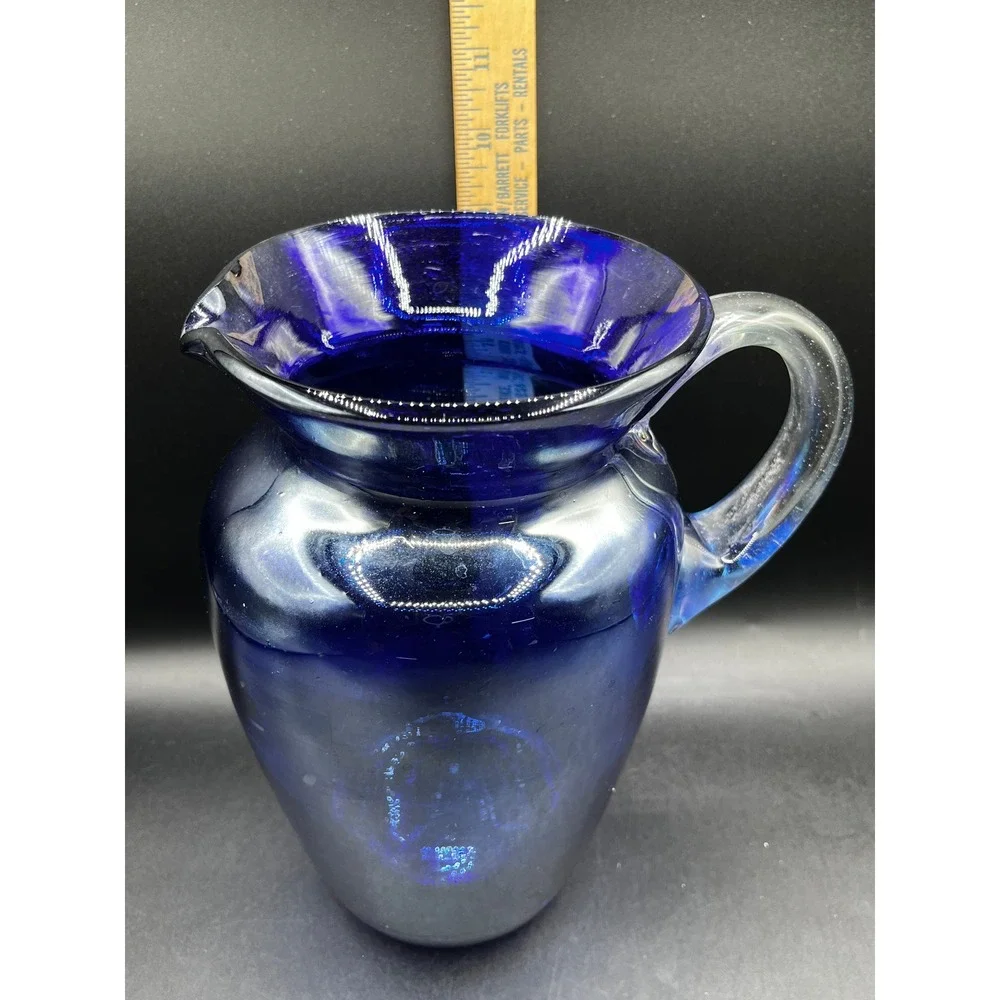 Vtg Cobalt Blue Hand Blown Glass Pitcher Clear Handle 9.25